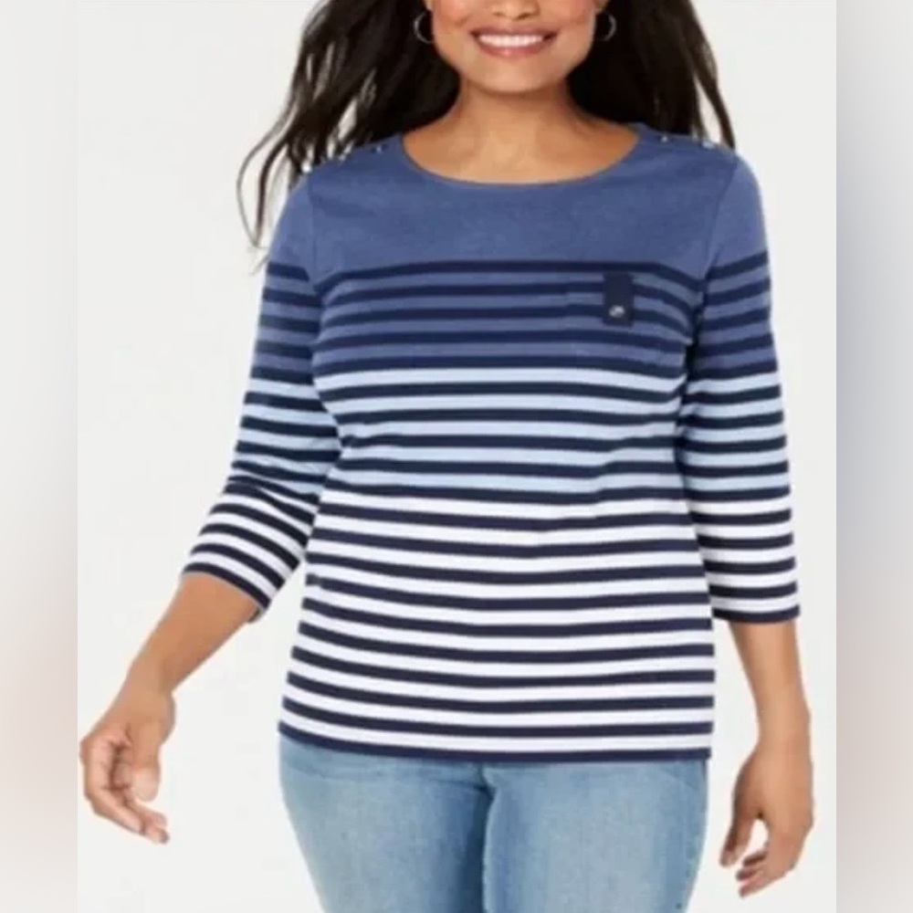 KAREN SCOTT stripped scoop neck 3/4 sleeve button accents on shoulders size L